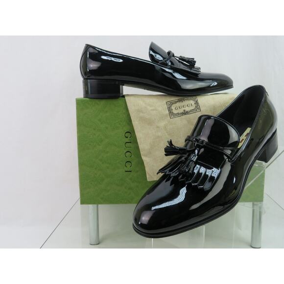 GUCCI BLACK PATENT LEATHER GOLD LETTERING LOGO TASSELS LOAFERS 10.5 US 11.5 - Picture 1 of 13